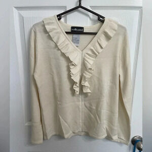 Sag Harbor Cream Ivory Ruffle Front Sweater Size Petite Large V Neck